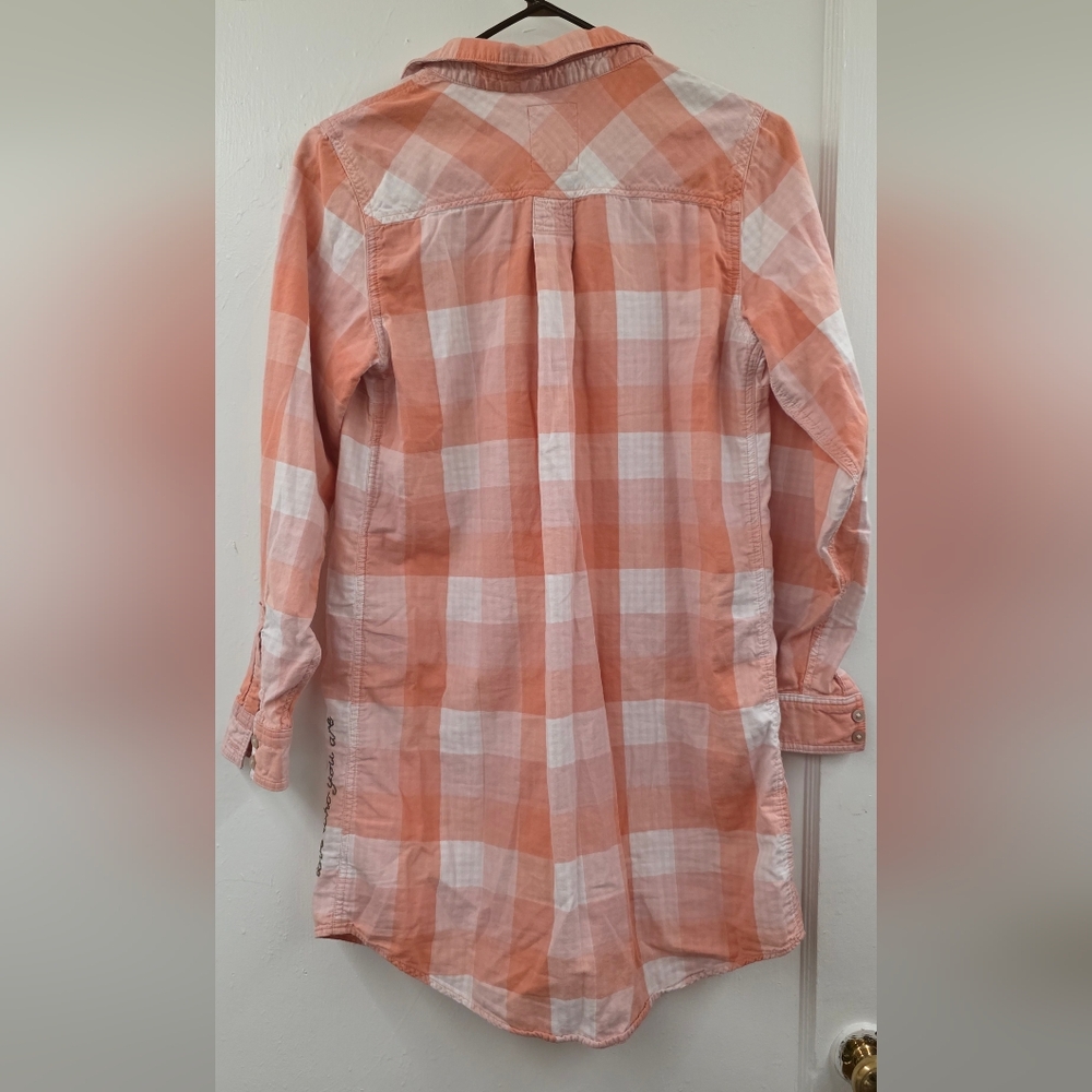 🍁Life is Good Peach Gingham Popover Tunic Shirt “Love What You Love” Size Small - Picture 2 of 11